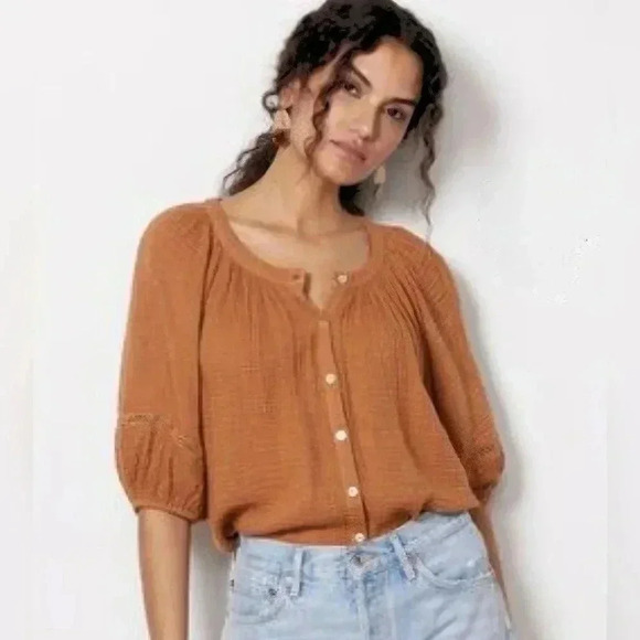 Red Haute Tops - Red Haute Balloon Sleeve Peasant Gauze Blouse Top Oversized Rust color Size XS